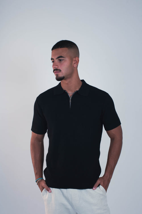 BLACK KNIT ZIP-UP POLO